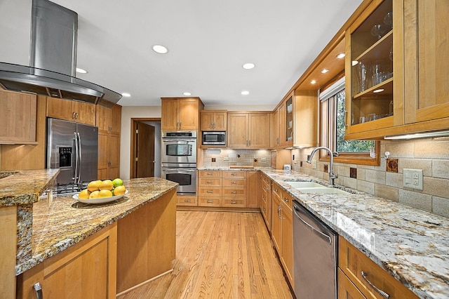 2111 Belleau Woods Ct, Wheaton, IL 60189 - kitchen with light stone counters, island exhaust hood, a sink, light wood-style flooring, and stainless steel appliances