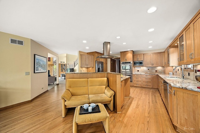 2111 Belleau Woods Ct, Wheaton, IL 60189 - kitchen with island exhaust hood, visible vents, light stone countertops, a sink, and stainless steel appliances
