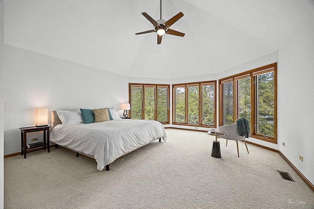 2111 Belleau Woods Ct, Wheaton, IL 60189 - carpeted bedroom with baseboards, ceiling fan, high vaulted ceiling, and visible vents