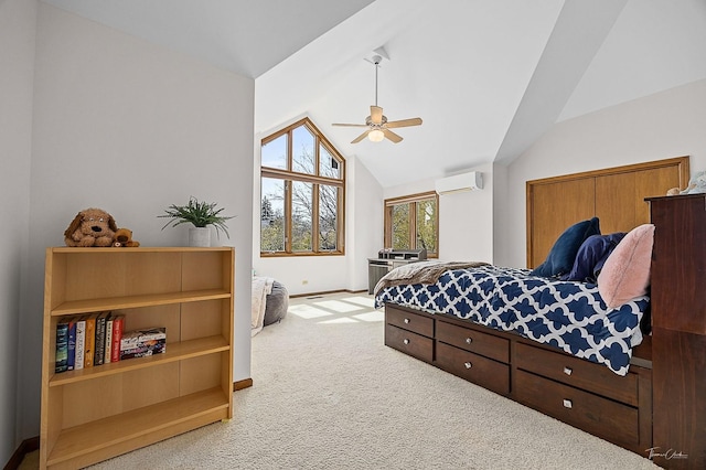2111 Belleau Woods Ct, Wheaton, IL 60189 - carpeted bedroom featuring baseboards, lofted ceiling, a wall unit AC, and ceiling fan