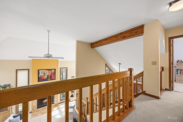 2111 Belleau Woods Ct, Wheaton, IL 60189 - corridor featuring carpet floors, an upstairs landing, plenty of natural light, and vaulted ceiling with beams
