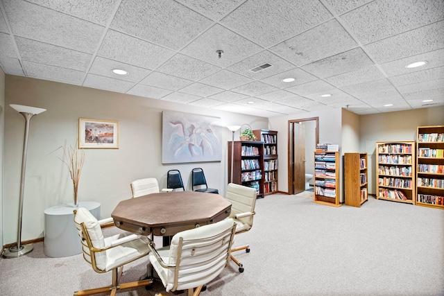 office with recessed lighting, carpet, visible vents, and a paneled ceiling