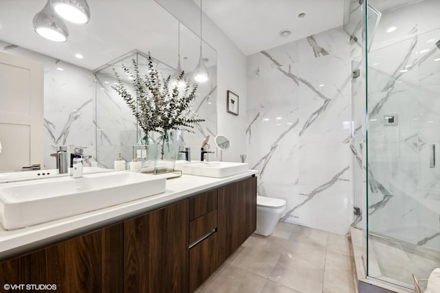 1448 W Chestnut St Unit 2, Chicago, IL 60642 - full bath with a sink, a marble finish shower, toilet, and double vanity
