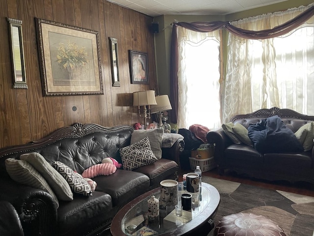 living room with wood walls