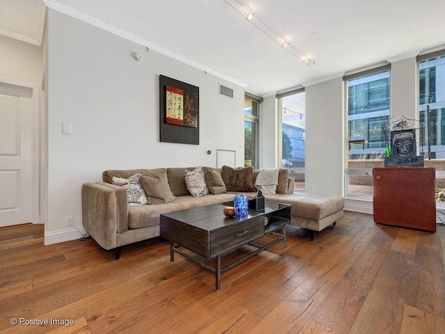 living area with wood-type flooring, ornamental molding, and floor to ceiling windows