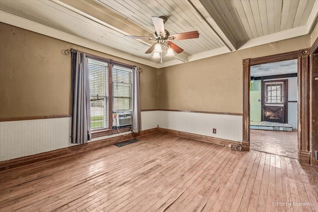 spare room with wood ceiling, beamed ceiling, wood-type flooring, a ceiling fan, and wainscoting