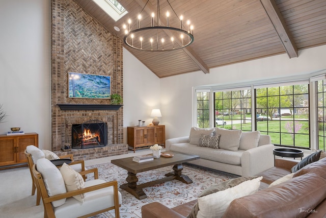 5930 Hillcrest Ct, Downers Grove, IL 60516 - living area featuring a brick fireplace, beam ceiling, high vaulted ceiling, wood ceiling, and a chandelier