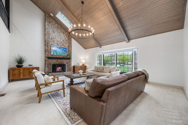 5930 Hillcrest Ct, Downers Grove, IL 60516 - living room featuring high vaulted ceiling, a chandelier, wooden ceiling, and light carpet