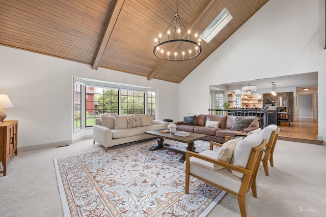 5930 Hillcrest Ct, Downers Grove, IL 60516 - living room with high vaulted ceiling, an inviting chandelier, light carpet, and wood ceiling