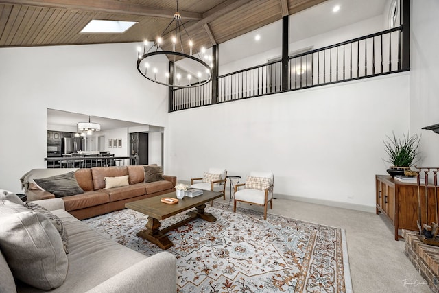 5930 Hillcrest Ct, Downers Grove, IL 60516 - carpeted living area featuring a skylight, wooden ceiling, high vaulted ceiling, beamed ceiling, and a notable chandelier