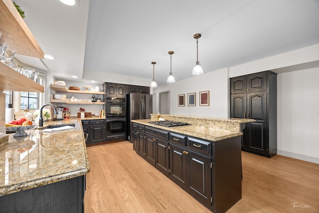 5930 Hillcrest Ct, Downers Grove, IL 60516 - kitchen featuring open shelves, light stone countertops, a sink, light wood-style flooring, and stainless steel appliances