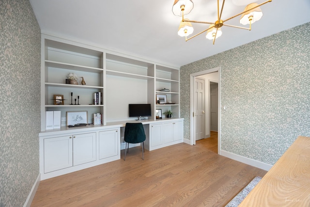 5930 Hillcrest Ct, Downers Grove, IL 60516 - unfurnished office with light wood-type flooring, a notable chandelier, and wallpapered walls