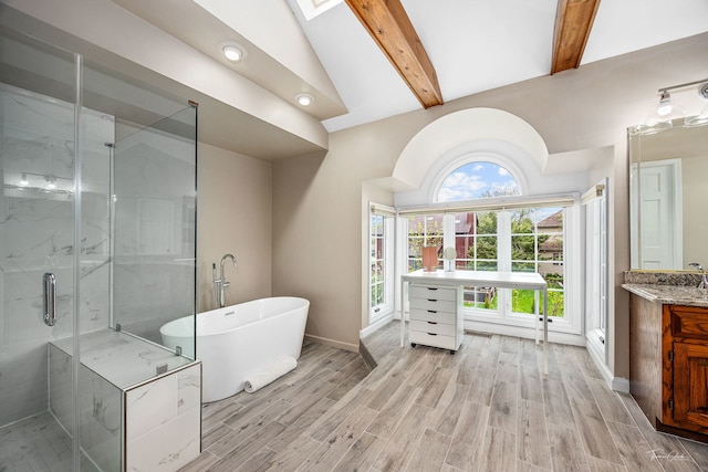 5930 Hillcrest Ct, Downers Grove, IL 60516 - full bathroom featuring vanity, wood finished floors, vaulted ceiling with beams, and a shower stall