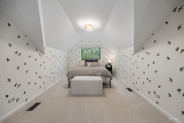 5930 Hillcrest Ct, Downers Grove, IL 60516 - bedroom with vaulted ceiling, wallpapered walls, light colored carpet, and visible vents