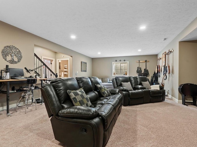carpeted living room with recessed lighting, baseboards, stairway, and a textured ceiling