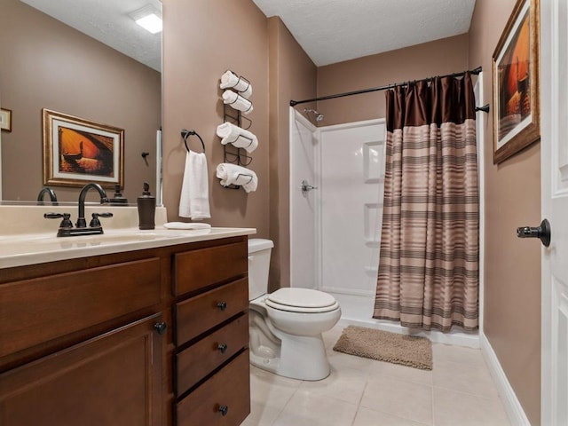 full bath with a textured ceiling, tile patterned flooring, vanity, toilet, and a shower with shower curtain