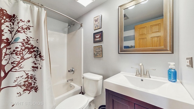 full bathroom featuring toilet, shower / bath combination with curtain, and vanity