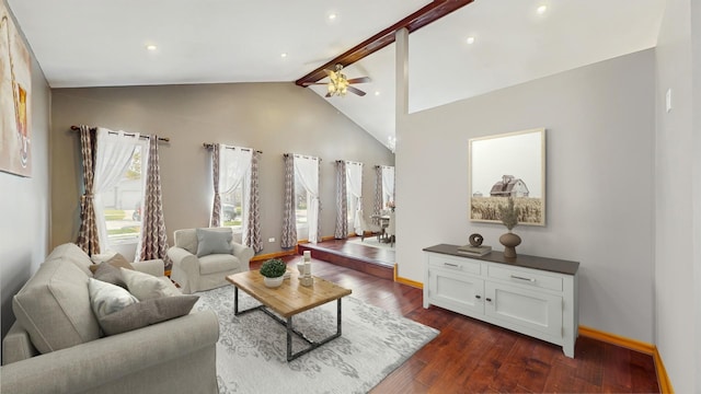 living room featuring baseboards, dark wood-style flooring, ceiling fan, and vaulted ceiling with beams