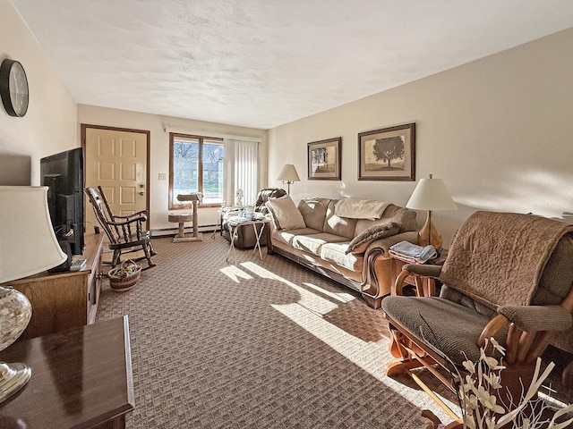 living area featuring a baseboard heating unit and carpet flooring