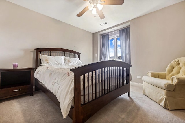 bedroom featuring visible vents, baseboards, a ceiling fan, access to outside, and carpet floors