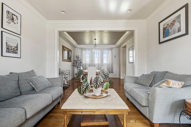 living area with dark wood-type flooring and crown molding