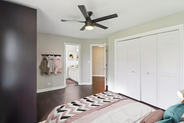 bedroom featuring a closet, dark wood-style flooring, ceiling fan, and baseboards
