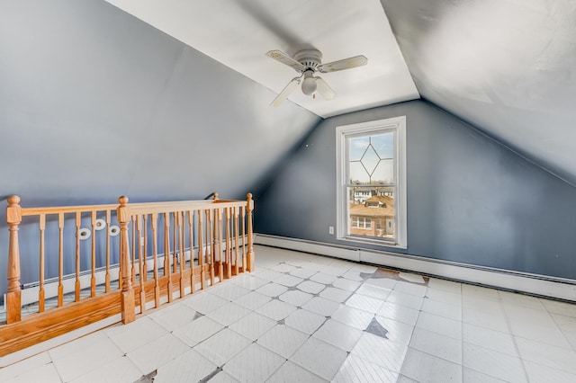 2147 N Latrobe Ave, Chicago, IL 60639 - additional living space featuring a baseboard heating unit, baseboards, lofted ceiling, ceiling fan, and a baseboard radiator