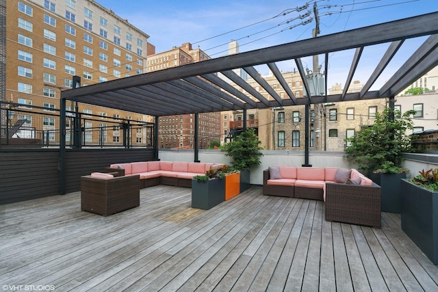 wooden deck featuring an outdoor living space