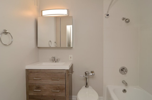 full bath featuring vanity, shower / bathtub combination, toilet, and visible vents
