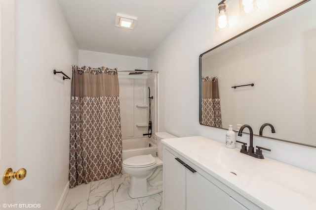 full bath featuring marble finish floor, toilet, vanity, and shower / bathtub combination with curtain