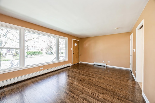 1432 Marengo Ave, Forest Park, IL 60130 - unfurnished living room featuring baseboard heating, a baseboard radiator, baseboards, and dark wood-style floors