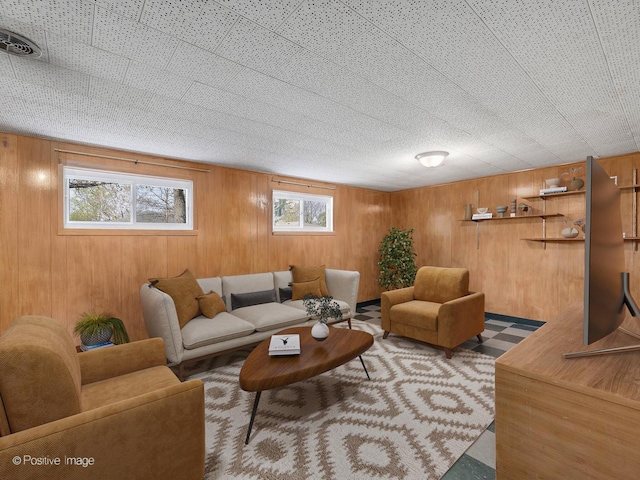 living room with wooden walls and wood finished floors