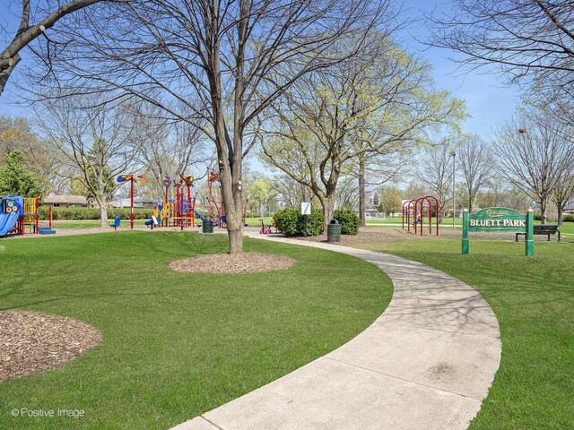 view of community featuring a lawn and playground community