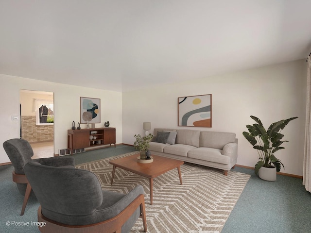 carpeted living room featuring baseboards