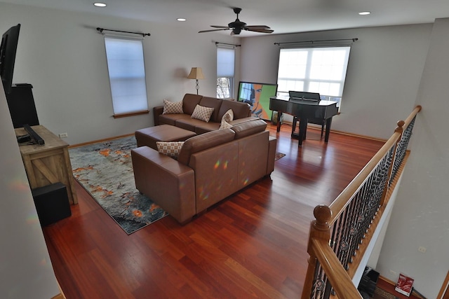 living room featuring recessed lighting, ceiling fan, and wood finished floors