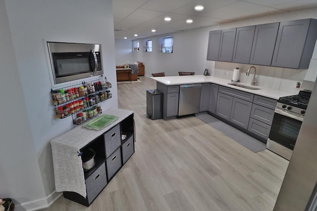kitchen with a sink, light wood finished floors, light countertops, stainless steel appliances, and gray cabinetry