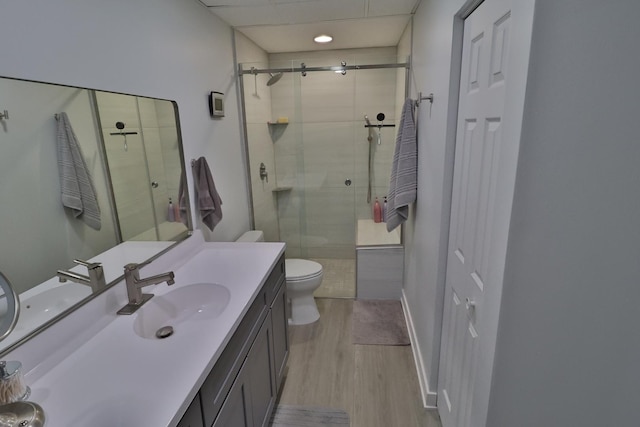 bathroom with vanity, toilet, wood finished floors, and a stall shower