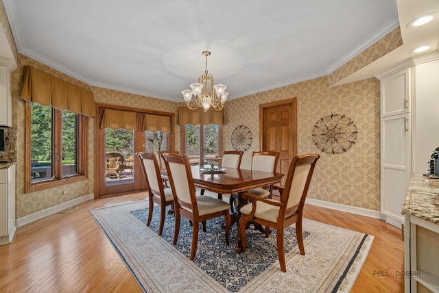 1330 Kurtis Ln, Lake Forest, IL 60045 - dining space featuring wallpapered walls, baseboards, light wood-type flooring, a chandelier, and crown molding