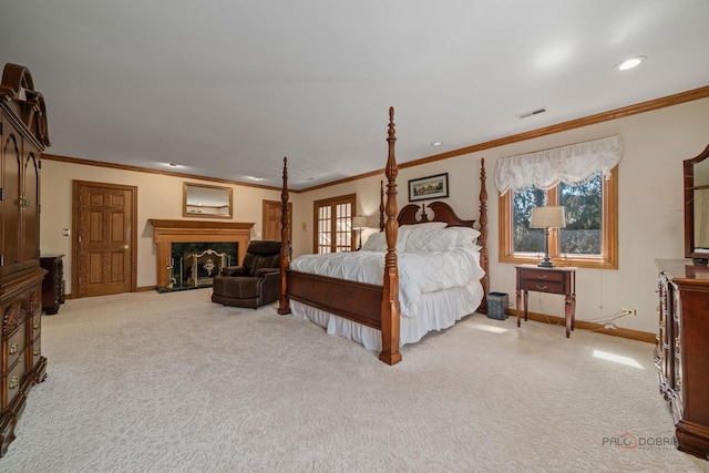 1330 Kurtis Ln, Lake Forest, IL 60045 - bedroom featuring baseboards, light carpet, crown molding, a high end fireplace, and recessed lighting