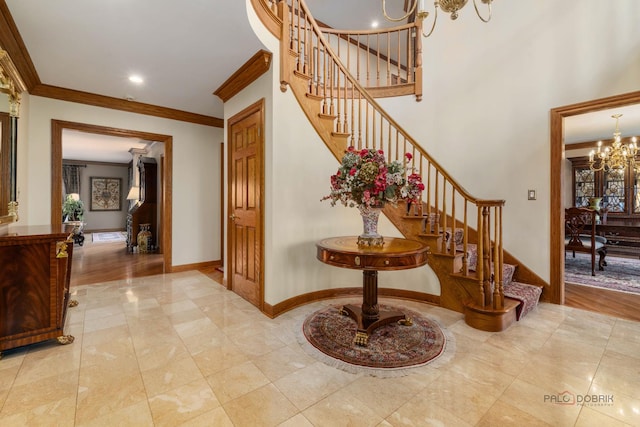 1330 Kurtis Ln, Lake Forest, IL 60045 - stairs featuring a chandelier, ornamental molding, and baseboards