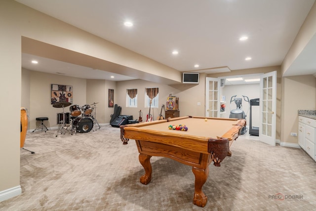 1330 Kurtis Ln, Lake Forest, IL 60045 - rec room featuring french doors, light colored carpet, recessed lighting, and baseboards