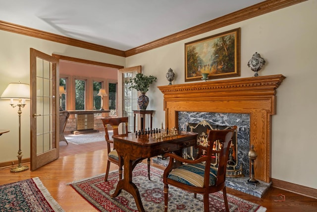 1330 Kurtis Ln, Lake Forest, IL 60045 - living area with french doors, crown molding, baseboards, and light wood-style floors