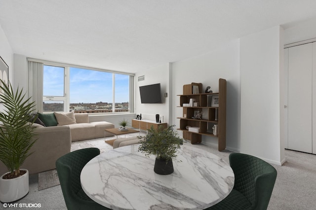 living area featuring visible vents and carpet flooring