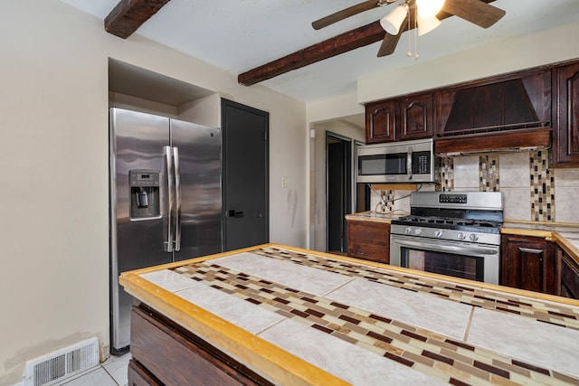 kitchen with stainless steel appliances, visible vents, beamed ceiling, decorative backsplash, and premium range hood