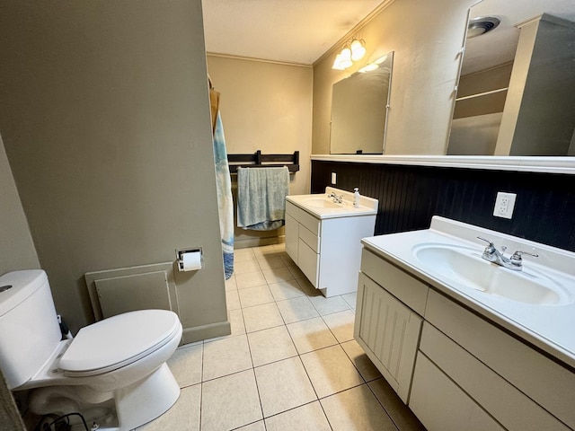 26812 US-150 Hwy, Leroy, IL 61752 - full bath with tile patterned floors, toilet, two vanities, and a shower with curtain