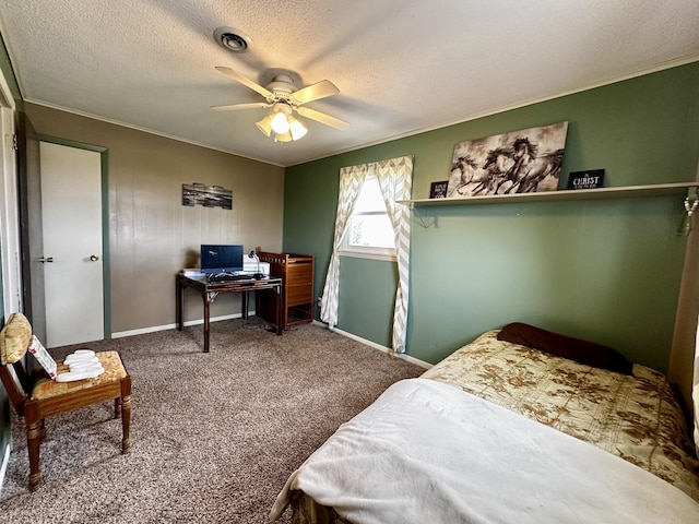 26812 US-150 Hwy, Leroy, IL 61752 - carpeted bedroom featuring a textured ceiling, ornamental molding, an office area, baseboards, and ceiling fan