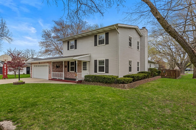traditional-style house with concrete driveway, a chimney, an attached garage, a porch, and a front yard