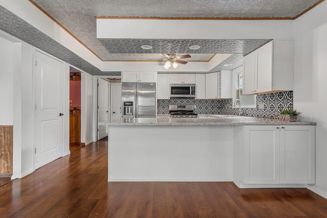 kitchen with stainless steel appliances, a peninsula, backsplash, and dark wood finished floors