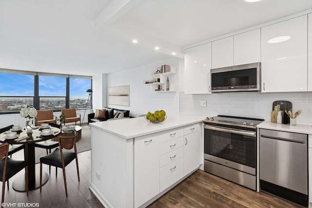 1560 N Sandburg Ter Unit 3207J, Chicago, IL 60610 - kitchen featuring appliances with stainless steel finishes, white cabinetry, a peninsula, modern cabinets, and dark wood-type flooring