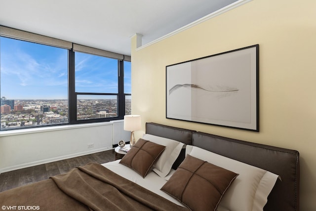 1560 N Sandburg Ter Unit 3207J, Chicago, IL 60610 - bedroom featuring baseboards, wood finished floors, and a city view